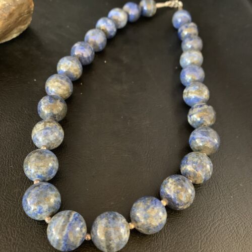 Native American Women's Blue Denim Lapis Beads Necklace | 16mm | Sterling Silver | 19" | 13970