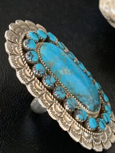 Navajo Blue Kingman Turquoise Cluster Ring | Authentic Native American Sterling Silver | Multi-Stone | Sz 9 | 12228 - Masha USA
