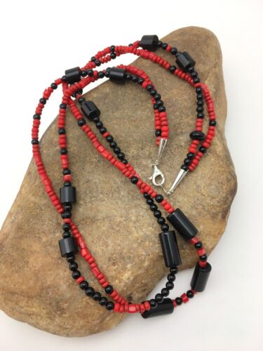 Southwestern Red Coral & Onyx 2-Strand Necklace | Navajo Sterling Silver | Authentic Native American Handmade | 4523