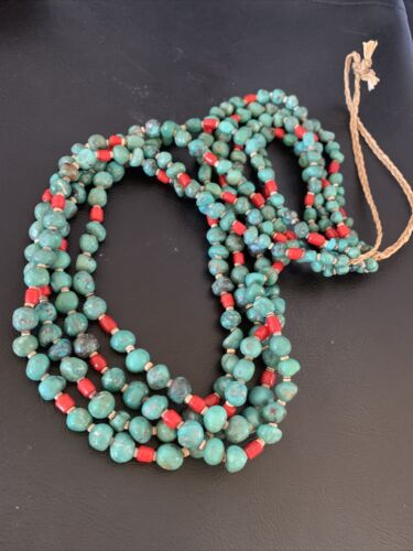 Native American Santo Domingo Blue Turquoise Coral Nugget Bead Necklace | 34" | 13183