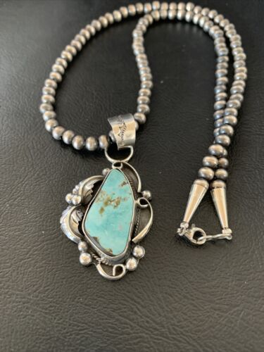 Men's Sterling Silver Blue Dry Creek Turquoise Pendant | Navajo Pearl Necklace 21" | 12975