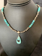 Navajo Pearl Necklace with Blue Turquoise Inlay Pendant | Sterling Silver | Authentic Native American Handmade | 12501