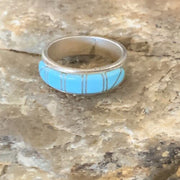 Native American Navajo Blue Turquoise Inlay Band Ring | Sz 6 | Sterling Silver | 12393