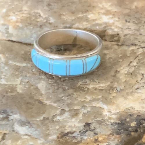 Native American Navajo Blue Turquoise Inlay Band Ring | Sz 6 | Sterling Silver | 12393