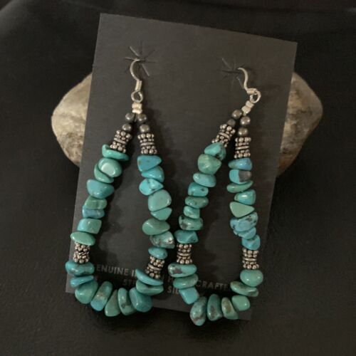 Navajo Turquoise Bead Nugget Earrings | Sterling Silver Pearls | 3" | Authentic Native American Handmade | 12890