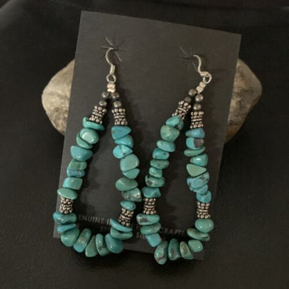Navajo Turquoise Bead Nugget Earrings | Sterling Silver Pearls | 3" | Authentic Native American Handmade | 12890