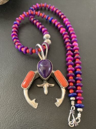 Navajo Sterling Silver Necklace with Purple Sugilite and Red Coral Naja Pendant | Authentic Native American Handmade | 02150
