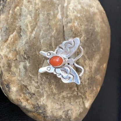 Navajo Red Spiny Oyster Butterfly Ring | Sterling Silver | Adj Sz 8 | Authentic Native American Handmade | 10341