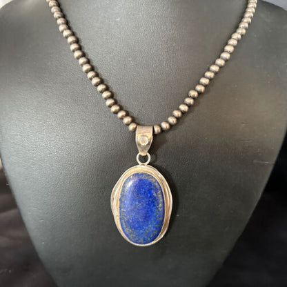 Native American Men's Navajo Pearls Necklace Pendant | Sterling Silver Lapis | 14466