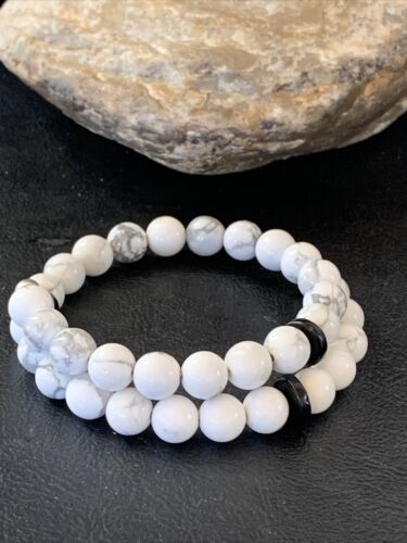 Navajo Memory Wire Bracelet | Stainless Steel | Howlite & Onyx Beads | Sterling Silver | 01956