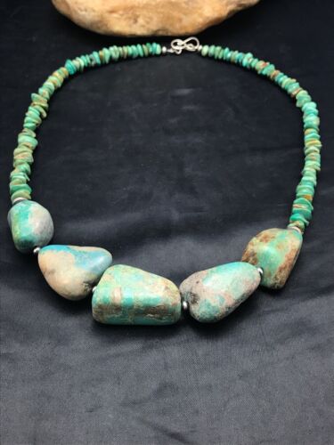 Navajo Chunky Green Nugget Turquoise Necklace | Sterling Silver | 23" | Authentic Native American Handmade | 3215