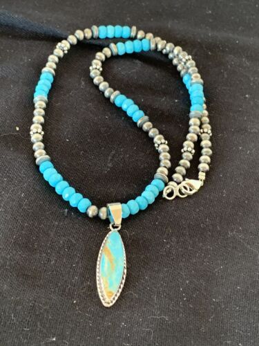 Navajo Blue Faceted Turquoise Pendant Necklace | Sterling Silver | Authentic Native American Handmade | 563 - Masha USA