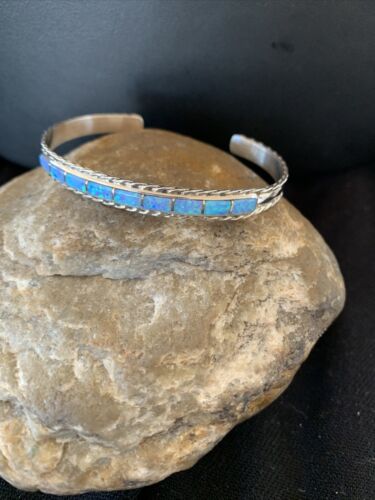 Southwestern Blue Faux Opal Zuni Sterling Silver Cuff Inlay Bracelet 1025