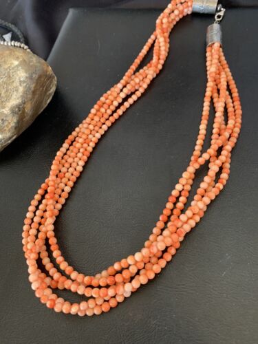 Southwestern Navajo Pink Coral Bead Necklace | 5 Strand | Sterling Silver | 22" | 12509 - Masha USA