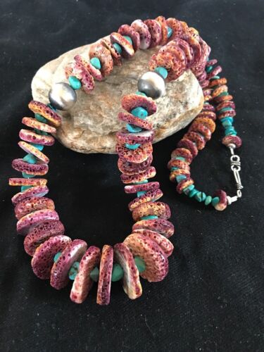 Authentic Native American Navajo Necklace | Purple Spiny Oyster & Turquoise | Sterling Silver | 24" Graduated