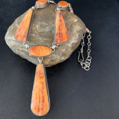 Navajo Lariat Necklace with Orange Spiny Oyster Pendant | Sterling Silver | 20" | Authentic Native American Jewelry | 13883