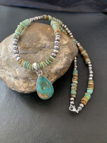 Navajo Green Turquoise Pendant Necklace | Sterling Silver | Authentic Native American Handmade | 11779