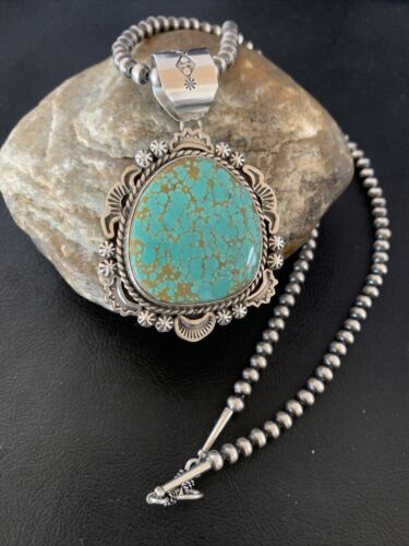 Navajo Blue #8 Turquoise Pendant Necklace | Sterling Silver | Authentic Native American Handmade | 10228