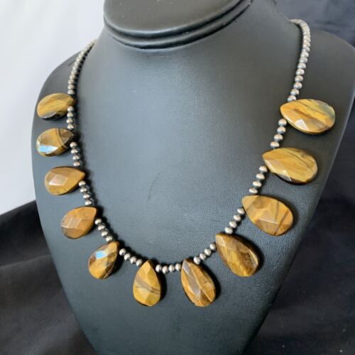 Navajo Pearl Sterling Silver Necklace | Coffee Tiger's Eye Teardrop Pendant | 21" | 11748