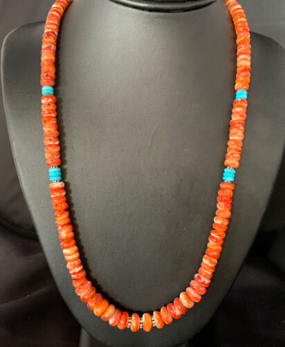 Navajo Turquoise & Red Spiny Oyster Graduated Necklace | Sterling Silver | Authentic Native American | 22" | 13516