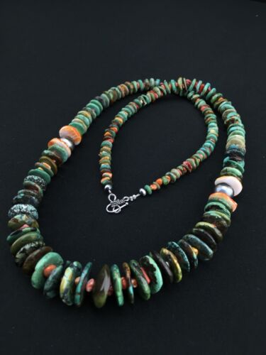 Navajo Graduated Green Turquoise & Spiny Oyster Necklace | Sterling Silver | Authentic Native American | 29" | 1336