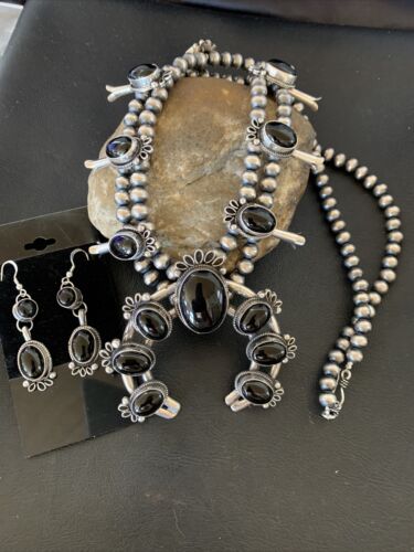 Navajo Pearls Black Onyx Squash Blossom Necklace | Sterling Silver | Authentic Native American Handmade | 12724