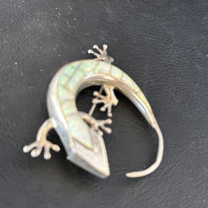 Navajo White Opal Lizard Pin Pendant | Inlay Gecko | Sterling Silver | Authentic Native American Handmade | 14333