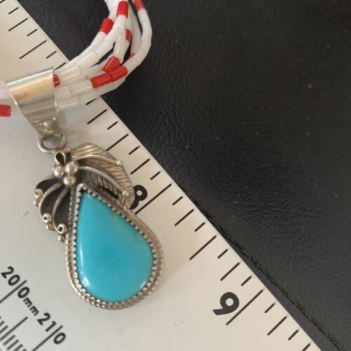 Navajo Red White Coral Turquoise Pendant | Sterling Silver Necklace 18" | Multi-Strand | 12056