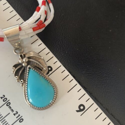 Navajo Red White Coral Turquoise Pendant | Sterling Silver Necklace 18" | Multi-Strand | 12056