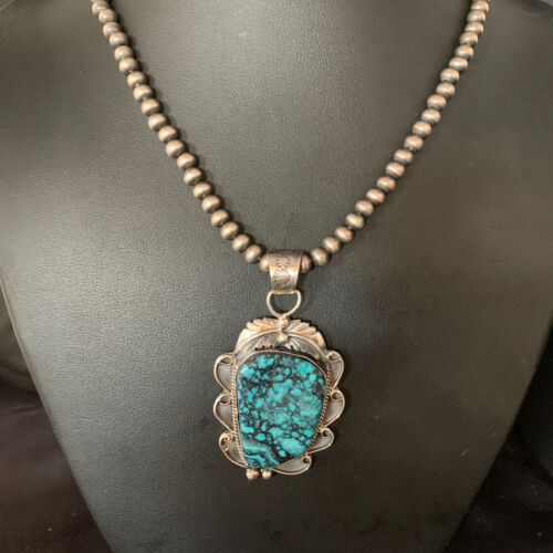 Navajo Spiderweb Turquoise Pendant Necklace | Sterling Silver | 2.25" | Authentic Native American Handmade | 13978