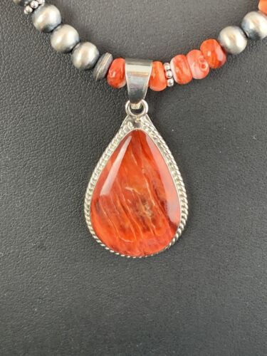 Red Spiny Oyster Pendant | Sterling Silver Navajo Pearls Necklace | Authentic Native American Handmade | 4960
