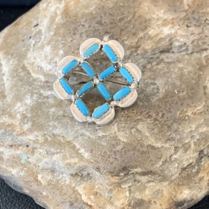 Zuni Blue Turquoise Pin Pendant | Sterling Silver | Authentic Native American Handmade | 12134