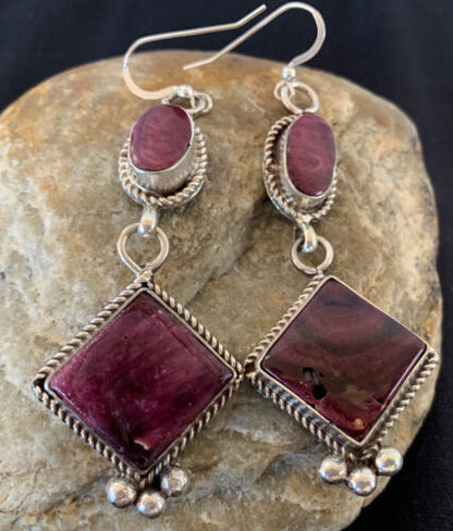 Navajo Purple Spiny Oyster Dangle Earrings | Sterling Silver | Authentic Native American Handmade | 201