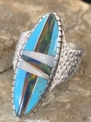 Multi-Color Opal & Turquoise Inlay Ring | Sterling Silver | Sz 8.5 | 01468