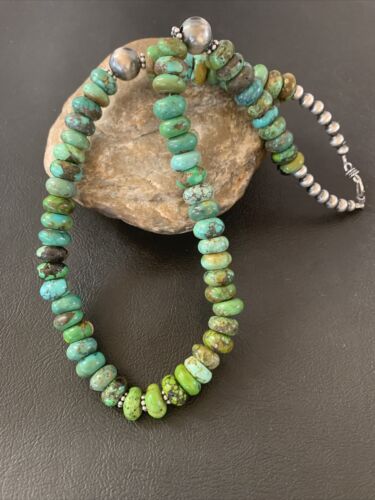 Native American Green Turquoise Bead Necklace | Sterling Silver | 20" | 2088