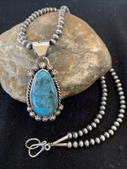 Men's Navajo Pearls Necklace with Blue Kingman Turquoise Pendant | Sterling Silver | Native American Handmade | 12962