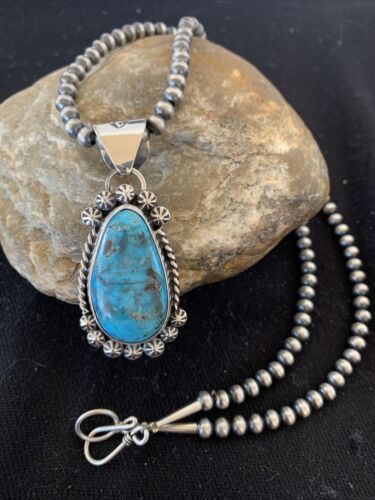 Men's Navajo Pearls Necklace with Blue Kingman Turquoise Pendant | Sterling Silver | Native American Handmade | 12962