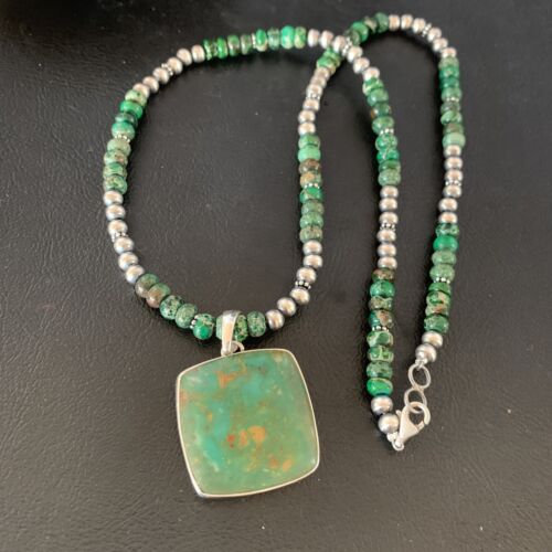 Women's Green Turquoise Pendant Necklace | Navajo Pearls Sterling Bead | Authentic Native American Handmade | 13306