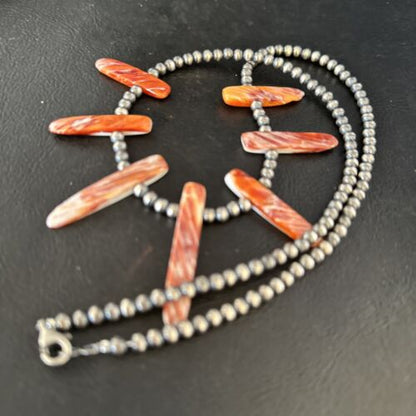 Native American Navajo Spiny Oyster Stick Bead Necklace | Sterling Silver | 20" | 14327