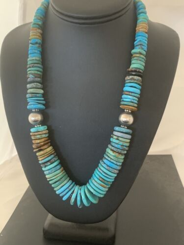 Navajo Graduated Blue Green Turquoise Necklace | Sterling Silver | Authentic Native American | 21" | 606 - Masha USA