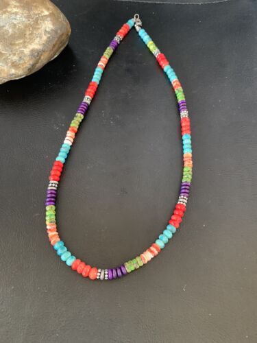 Multi-Color Turquoise Necklace | Sterling Silver | 21" | Authentic Native American Handmade | 13213 - Masha USA