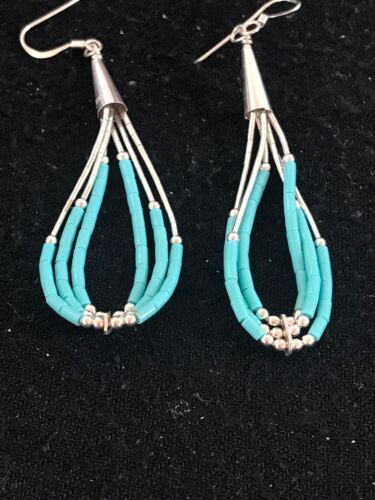 Navajo Sterling Silver Heishi Dangle Turquoise Earrings | 2" | Native American