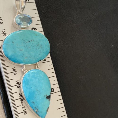 Navajo Blue Topaz Turquoise Multi-Stone Pendant | Authentic Native American Sterling Silver | 3.5" | 12024