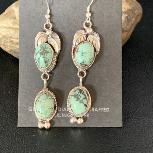 Navajo Green Spiderweb Turquoise Dangle Earrings | Sterling Silver | Authentic Native American Handmade | 13553