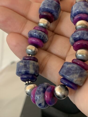 Men's Navajo Pearls Necklace | Denim Lapis Sugilite Beads | Sterling Silver | Authentic Native American Handmade | 20" | 736