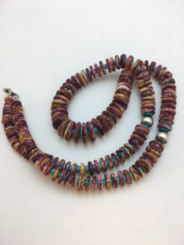 Navajo Purple Spiny Oyster & Turquoise Necklace | Sterling Silver | Authentic Native American | 32" | 8886