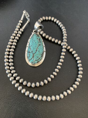 Men's Navajo Pearl Necklace with Blue Spiderweb Turquoise Pendant | Sterling Silver | 10538