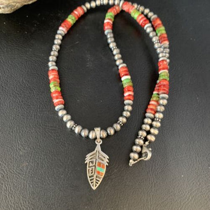 Navajo Red Spiny Oyster & Green Turquoise Pendant Necklace | Sterling Silver | Authentic Native American Handmade | 13619