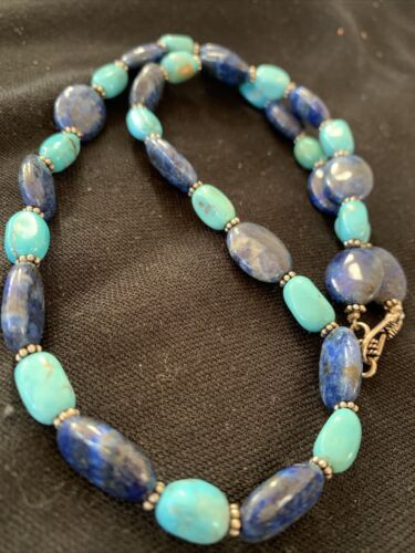 Navajo Denim Lapis & Turquoise Beads Necklace | Sterling Silver | Authentic Native American Handmade | 20" | 01038