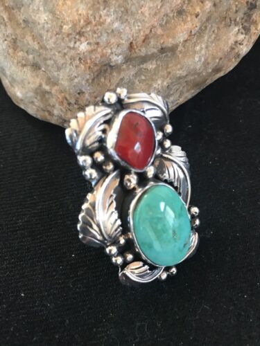 Navajo Royston Turquoise Coral Multi-Stone Men's Ring | Authentic Native American Sterling Silver | Sz 8 | 02218